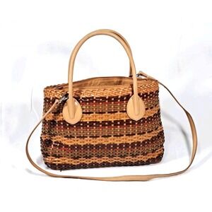 Fossil 75082 Woven Leather Satchel Crossbody Bag Brown Tan Multi-Tone Striped